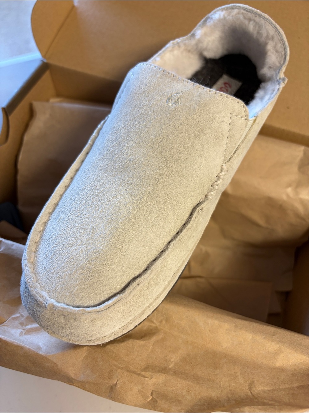 OluKai Women's Suede Slip-On Slipper in Light beige